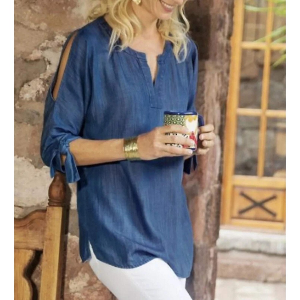 Soft Surroundings Womens XS Tencel Lyocell Denim Blue Tunic Top Tie Sleeve 2AG94